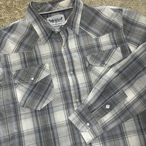 Levi's Shirt Men's Large Western Pearl Snap Plaid Long Sleeve Gray Blue‎ Cowboy